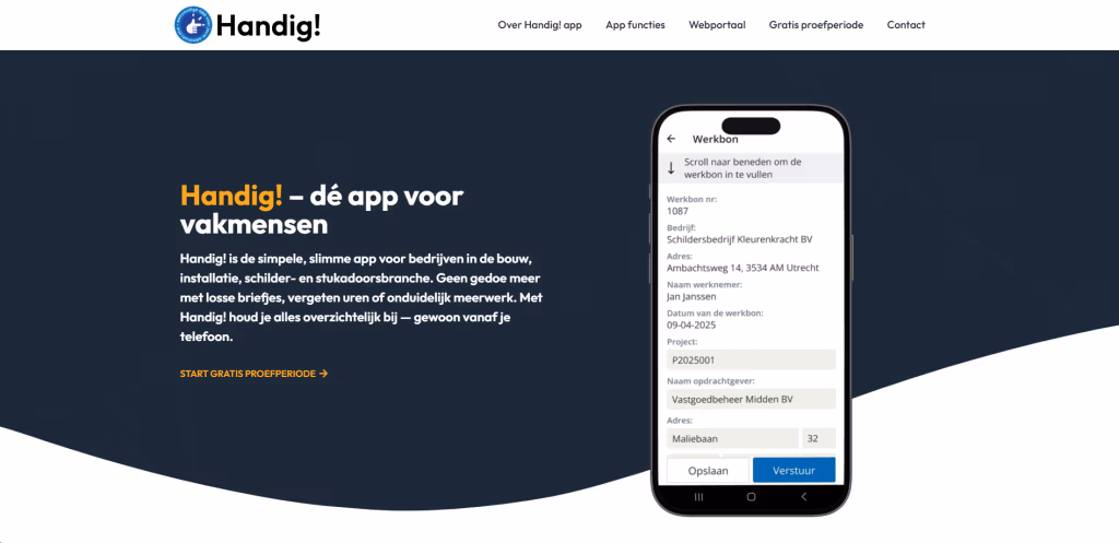 Dit is een afbeelding van de handigapp.nl website die gebouwd is door Web&Wij